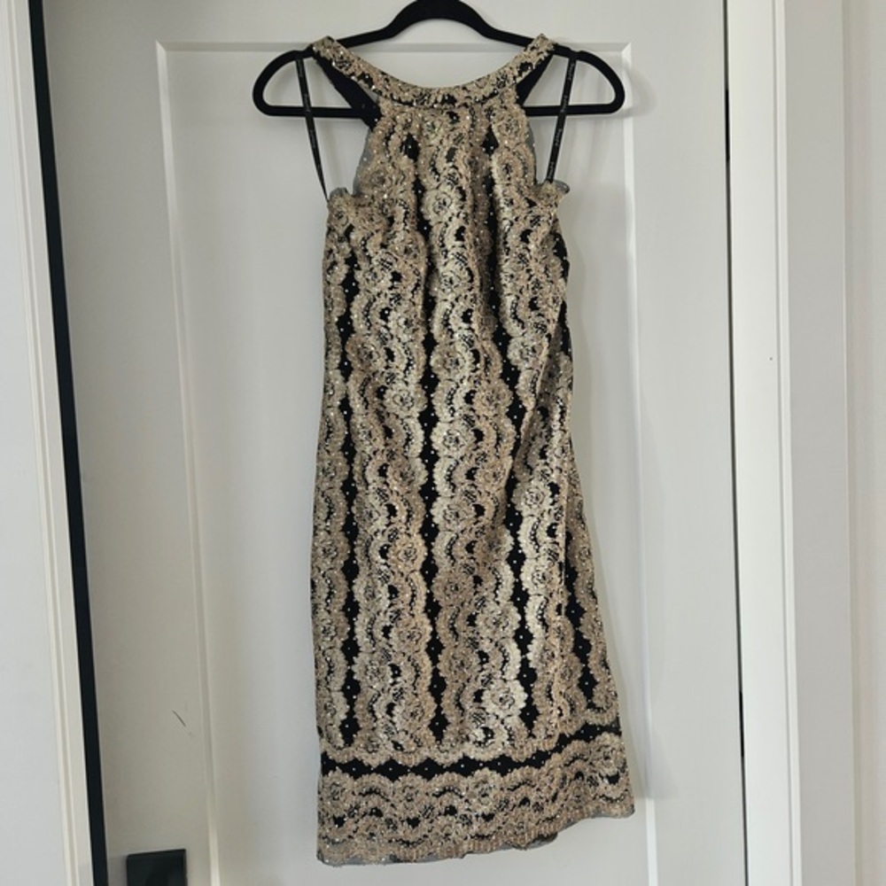 Joseph Ribkoff Black and Gold Sequin Halter-Style Midi Dress